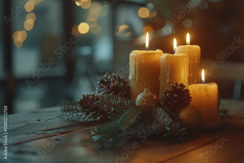 A rustic table setting with three lit candles and pinecones photo