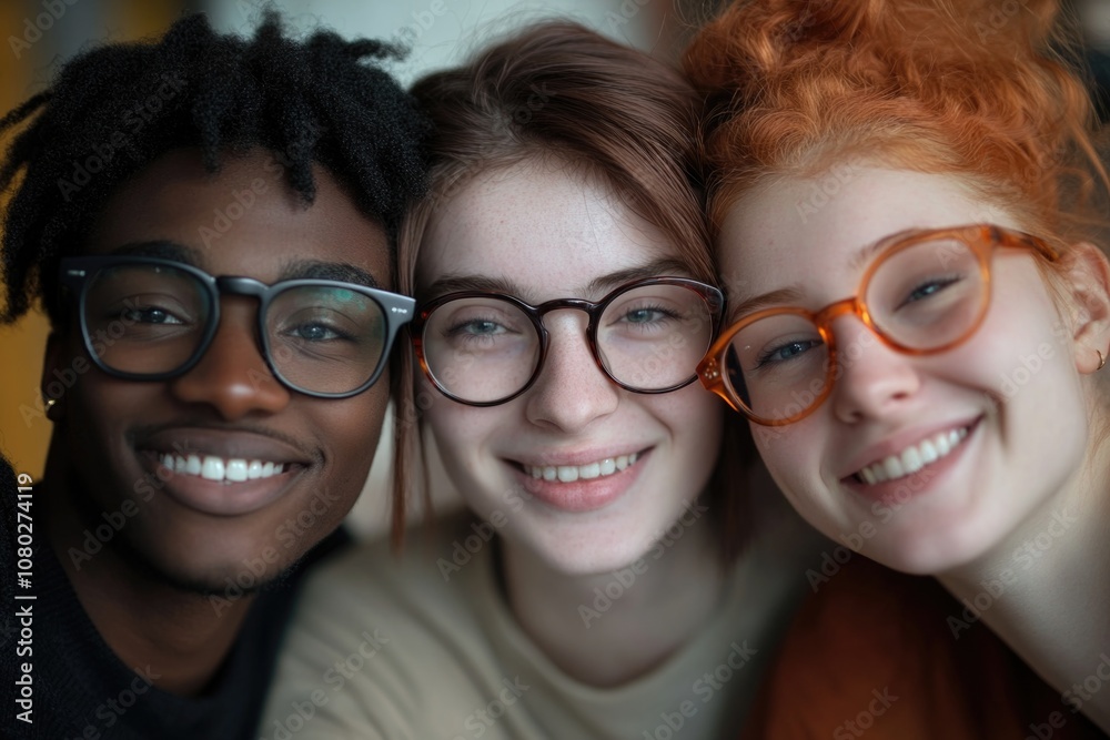A group of young people wearing glasses smile for the camera in a casual setting A group of young people wearing glasses smile for the camera in a casual setting