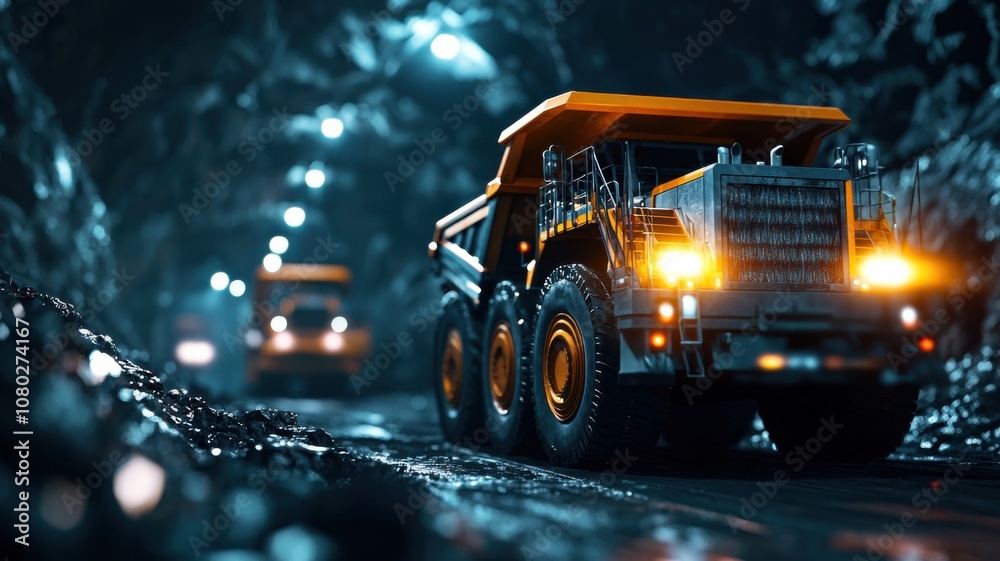 Mining trucks operation underground mine digital art industrial environment close-up view heavy machinery concept Mining trucks operation underground mine digital art industrial environment close-up view heavy machinery concept