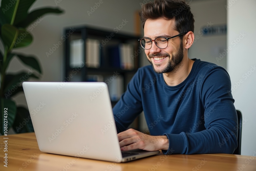 Happy Man Working on Laptop in Modern Office Space, Perfect for Business and Technology Websites Happy Man Working on Laptop in Modern Office Space, Perfect for Business and Technology Websites