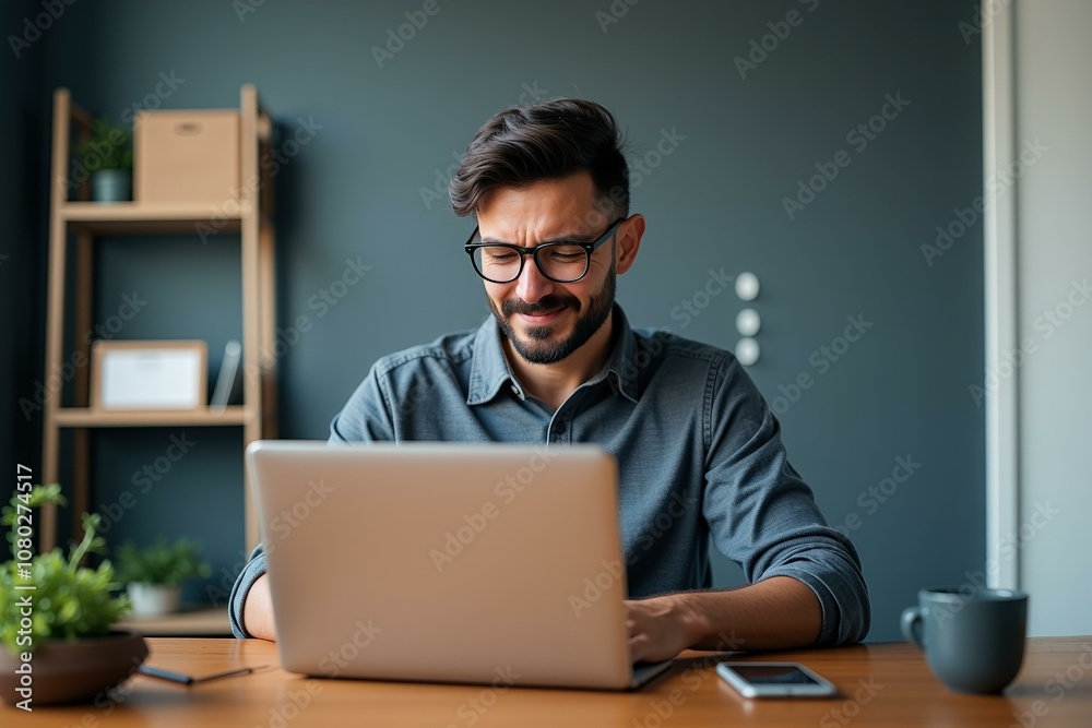 Focused Man Working on Laptop in Home Office Setting, Perfect for Blog Posts, Websites, and Marketing Materials Focused Man Working on Laptop in Home Office Setting, Perfect for Blog Posts, Websites, and Marketing Materials