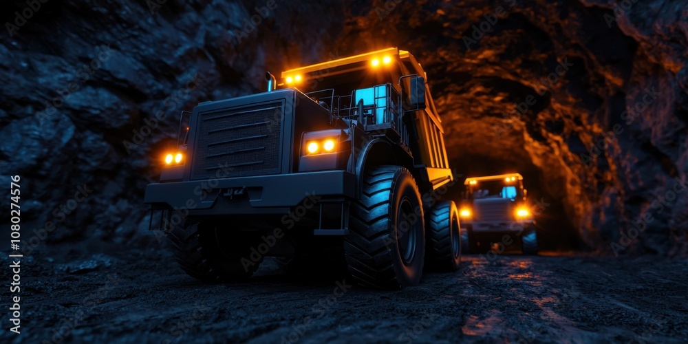 Mining operation underground tunnel vehicle fleet dark environment ground level industrial concept