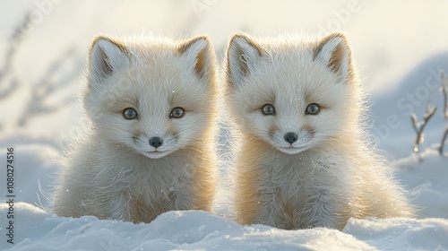 Two playful arctic fox cubs in pristine snow, perfect for winter-themed designs, holiday cards, or nature conservation awareness during the cold season.