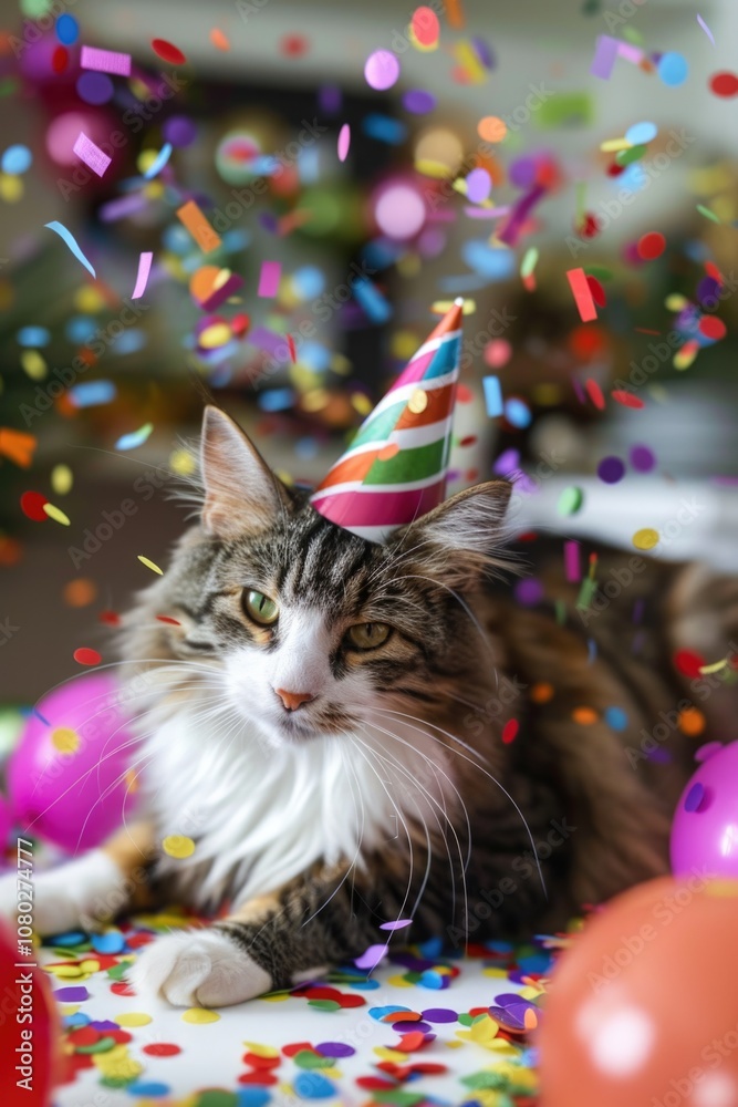 A happy cat celebrates with colorful confetti and a festive party hat A happy cat celebrates with colorful confetti and a festive party hat