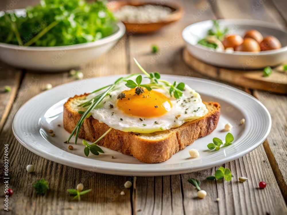 A Delicious Toasted Bread Slice with Sunny Side Up Egg and Microgreens on a Clean Plate Perfect for Food Photography and Culinary Inspiration A Delicious Toasted Bread Slice with Sunny Side Up Egg and Microgreens on a Clean Plate Perfect for Food Photography and Culinary Inspiration