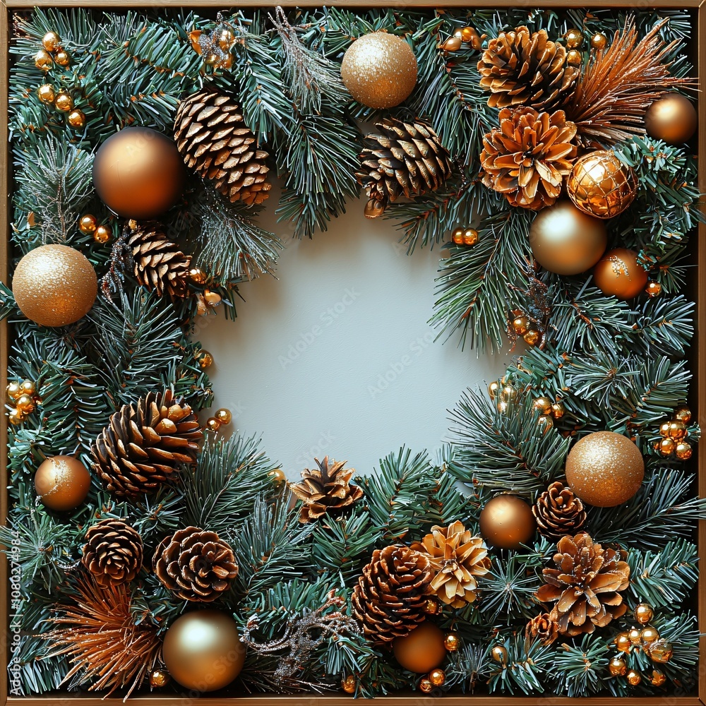 A warm holiday-themed composition featuring evergreen branches, pine cones, and golden baubles, ideal for Christmas promotions and seasonal marketing materials. A warm holiday-themed composition featuring evergreen branches, pine cones, and golden baubles, ideal for Christmas promotions and seasonal marketing materials.