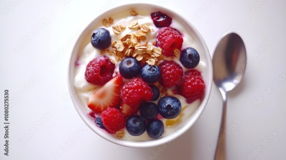Breakfast Bowl with Fresh Berries and Yogurt: A top-down Breakfast Bowl with Fresh Berries and Yogurt: A top-down