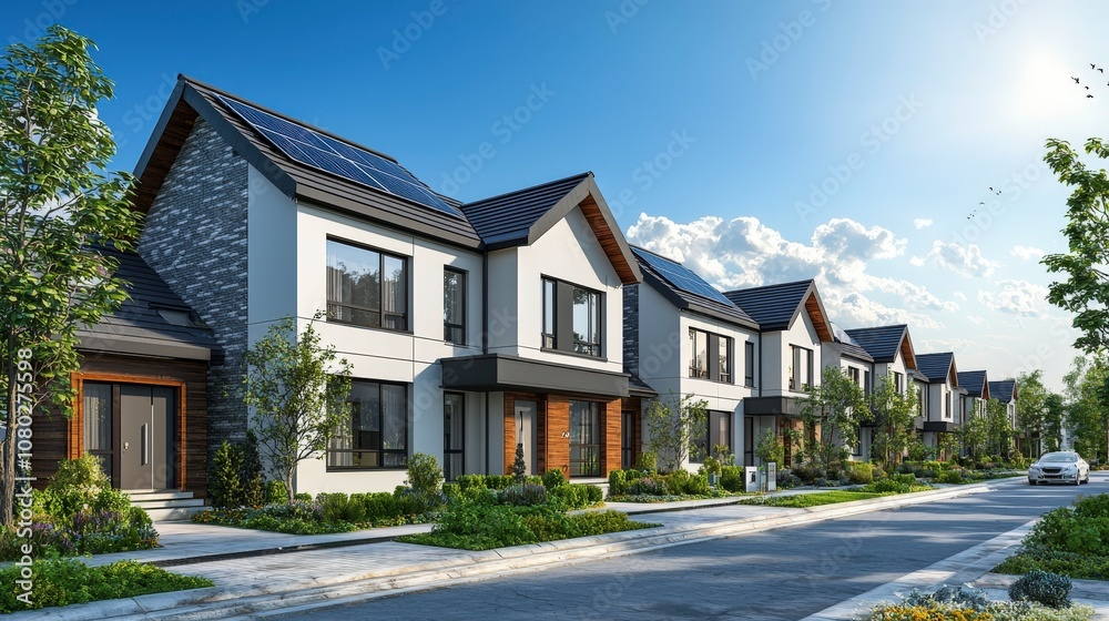 A serene neighborhood street showcasing a row of modern homes adorned with solar panels and surrounded by manicured lawns and vibrant plants under a sunny sky. A serene neighborhood street showcasing a row of modern homes adorned with solar panels and surrounded by manicured lawns and vibrant plants under a sunny sky.