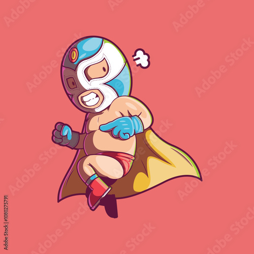 Luchador character jumping vector illustration. Lucha libre, mascot design concept.