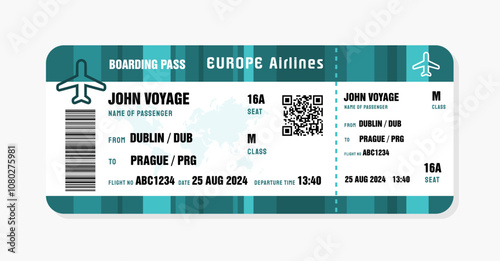 Ticket to Prague, Czech Republic. Boarding pass template with generic data. Travel flight ticket vector illustration with QR code.