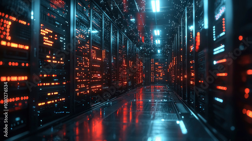 In a dimly lit server room, bright glowing lines highlight rows of high-tech servers, creating a dynamic atmosphere of data processing and storage under low light.