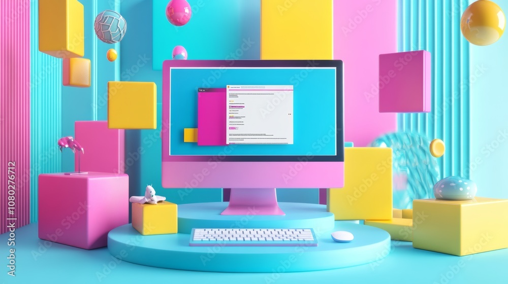 Concept of assembling a web page from modules that fly around the display. The web design studio concept page is on the display Concept of assembling a web page from modules that fly around the display. The web design studio concept page is on the display