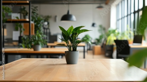 A serene workspace with a small green plant on a wooden table, surrounded by more plants in a bright, modern environment.