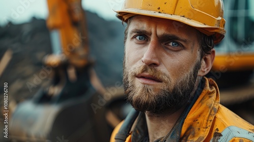 A worker in a hard hat and clean clothes on the background of an excavator bucket.