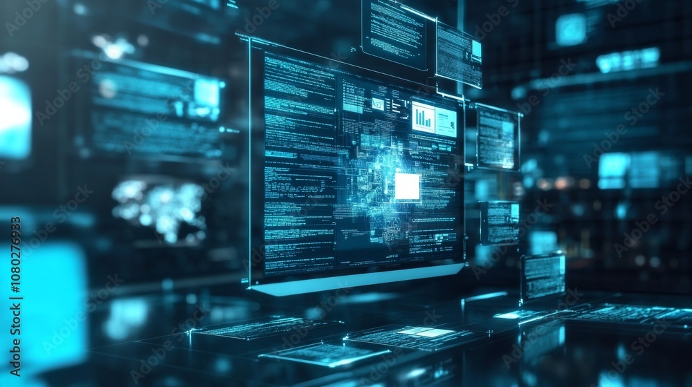 Concept of assembling a web page from modules that fly around the display. The web design studio concept page is on the display Concept of assembling a web page from modules that fly around the display. The web design studio concept page is on the display