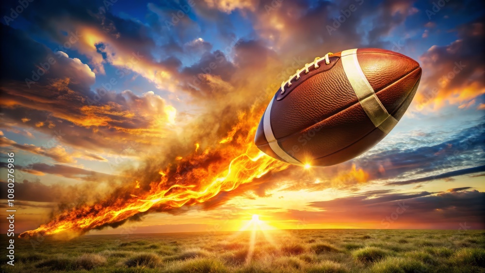 Blazing Trail of an American Football Igniting Flames Through the Air with Dynamic Motion and Energy in a Dramatic Landscape Setting Blazing Trail of an American Football Igniting Flames Through the Air with Dynamic Motion and Energy in a Dramatic Landscape Setting