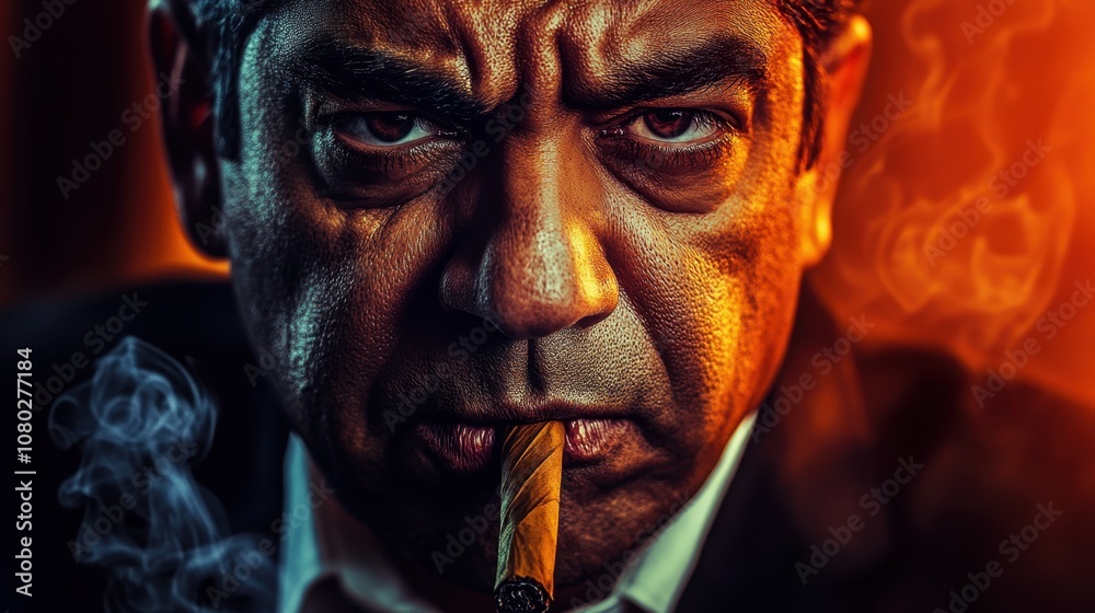 Intense Man Smoking Cigar in Dramatic Light	