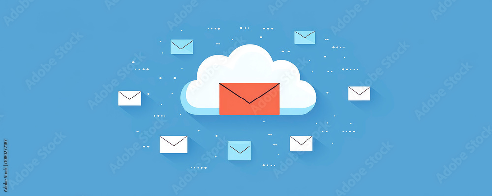 Naklejka premium Digital cloud with floating envelopes illustrating online communication and email management in a modern, tech-inspired setting