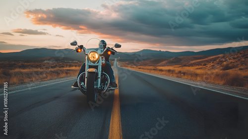 A Harley-Davidson motorcycle cruising down Route 66 at dusk with the open road ahead.