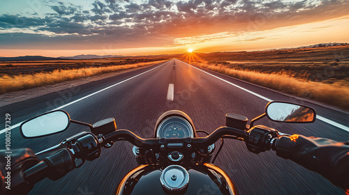A Harley-Davidson motorcycle cruising down Route 66 at dusk with the open road ahead.