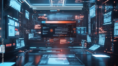 Wallpaper Mural Concept of assembling a web page from modules that fly around the display. The web design studio concept page is on the display Torontodigital.ca