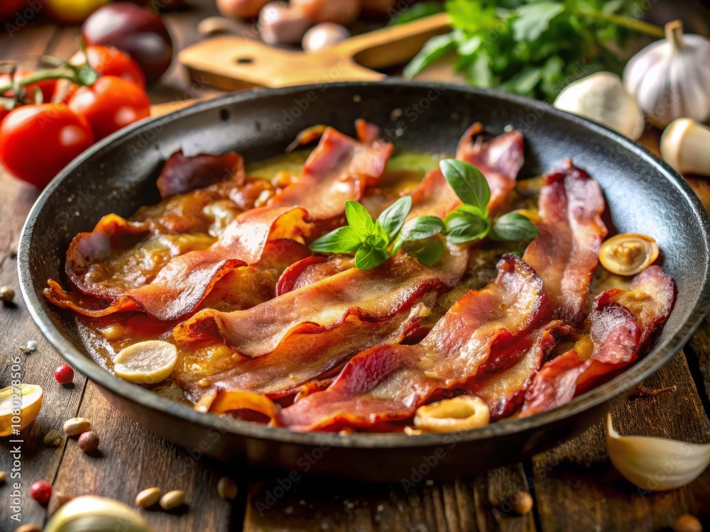 Close-Up of Crispy Bacon Frying with Caramelized Onions and Garlic, Showcasing Golden Edges and Savory Aroma in a Sizzling Pan, Perfect for Culinary Delight and Food Photography Close-Up of Crispy Bacon Frying with Caramelized Onions and Garlic, Showcasing Golden Edges and Savory Aroma in a Sizzling Pan, Perfect for Culinary Delight and Food Photography
