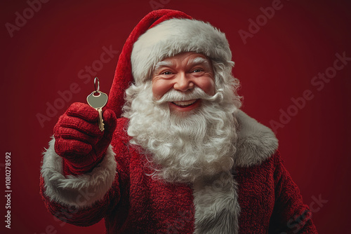 The cheerful Santa Claus holds in his hand the key to a house, apartment or car. Real estate sales, rent, New Year's promotion, Christmas lottery. Gift for New Year and Christmas real estate.