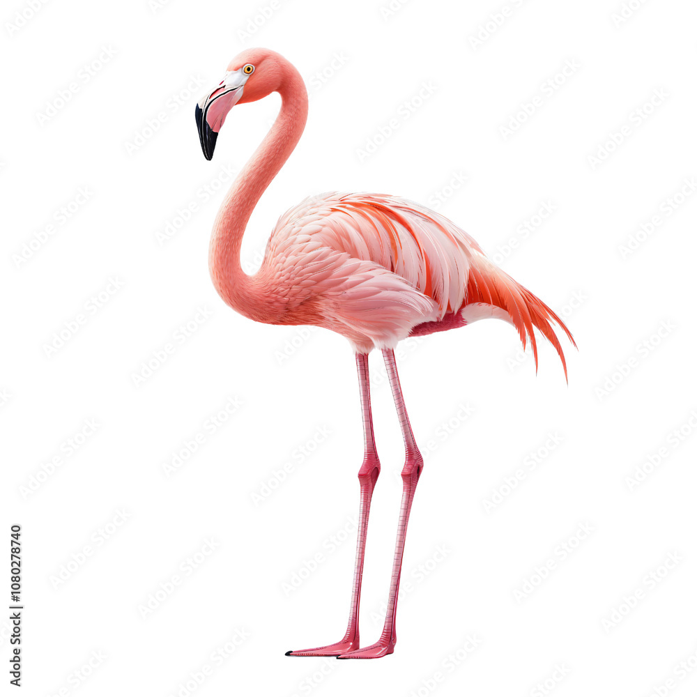 Fototapeta premium A stunning pink flamingo stands gracefully on one leg, showcasing its exotic beauty and elegance. This vibrant bird captivates the eye with its vivid plumage and distinctive posture.