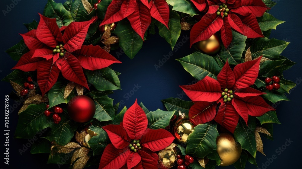 Festive Red Poinsettia Wreath with Green Leaves and Gold Festive Red Poinsettia Wreath with Green Leaves and Gold