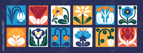 Abstract floral icons set. Cards with whimsical blossom flowers. Modern collage with creative geometric blooming plants, wildflowers. Trendy stylized botanical decoration. Flat vector illustrations