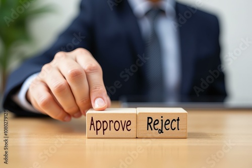 Business Decision Making Concept with Approve Reject Blocks on Wooden Table, Professional Man in Suit Making Choice, Ideal for Business Strategy and Management Themes