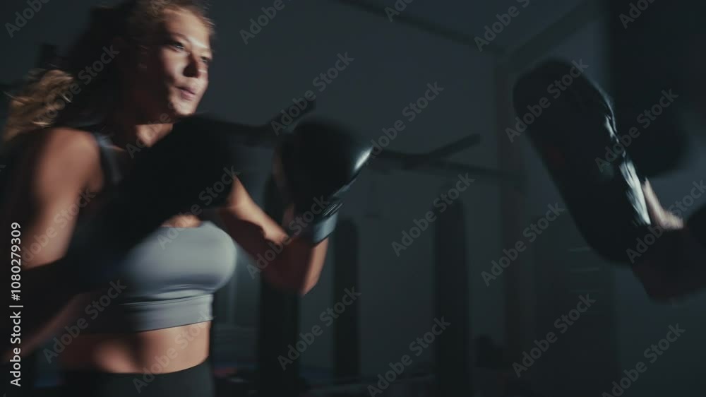 Intense boxing training session with a female athlete in a dark gym setting