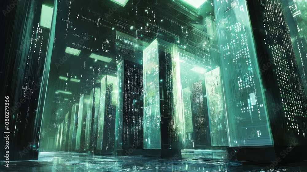 data center, showcasing rows of quantum computers with shimmering surfaces. The scene is filled with floating geometric shapes and binary codes that represent the data being processed. data center, showcasing rows of quantum computers with shimmering surfaces. The scene is filled with floating geometric shapes and binary codes that represent the data being processed.