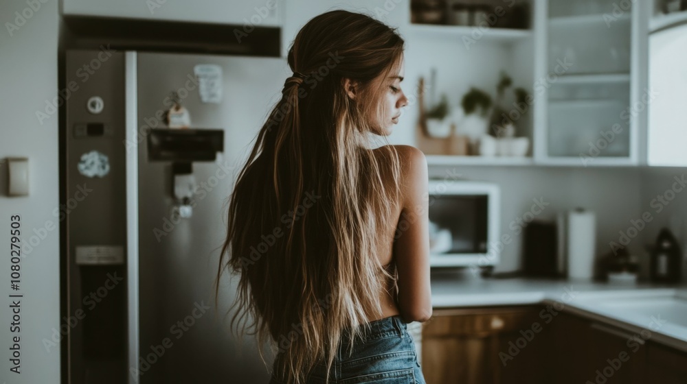 Woman with long hair tying it back while standing by the fridge, relaxed expression, natural light, uncluttered kitchen with neutral tones, open space Woman with long hair tying it back while standing by the fridge, relaxed expression, natural light, uncluttered kitchen with neutral tones, open space