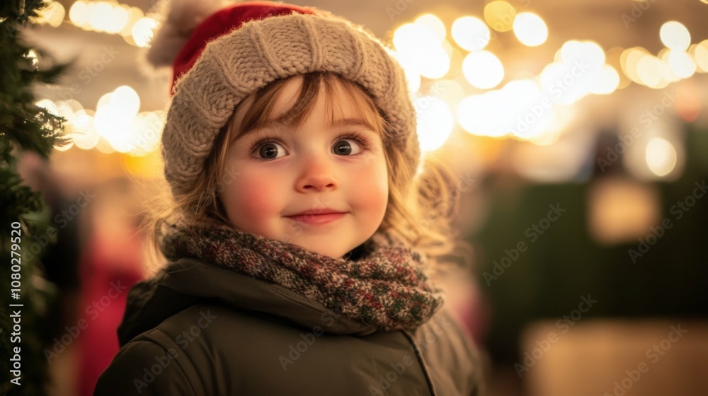 Child at a Christmas market with festive garlands, wearing winter attire, evening lighting,
