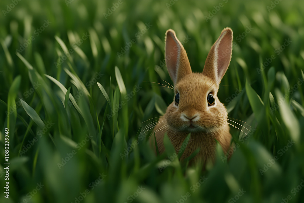 Fototapeta premium A small rabbit hopping through a field of tall grass, showcasing its natural habitat and cuteness. A rabbit in its element.