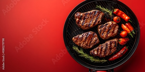 Grilled Steak and Peppers on a Black Grill photo