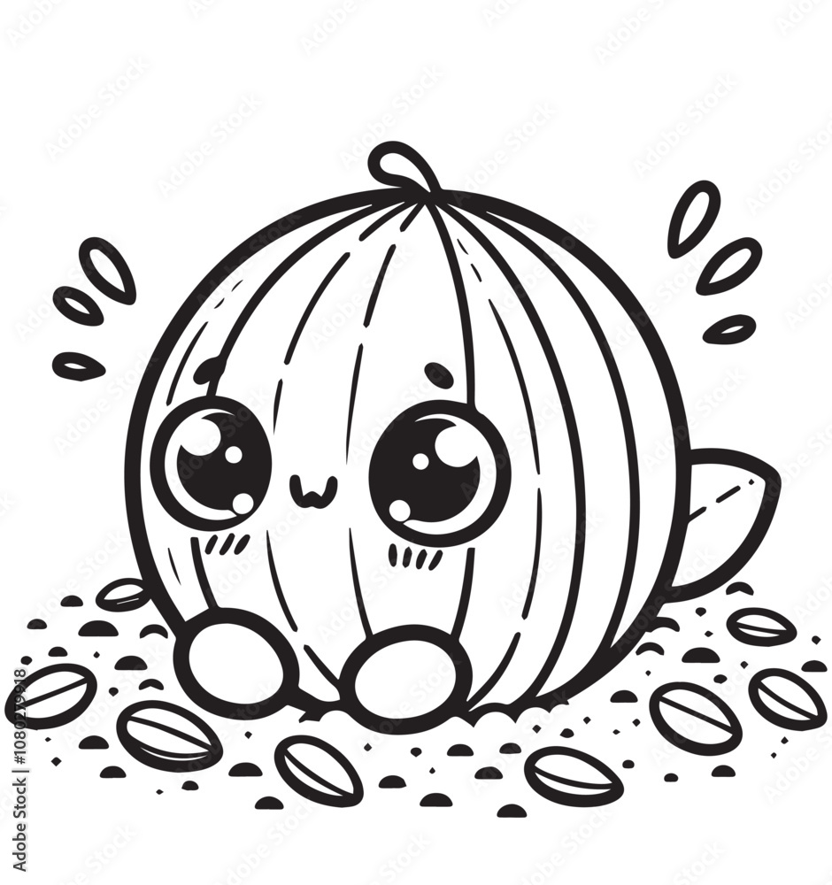 Coloring page design melon with seeds on the ground Coloring page design melon with seeds on the ground