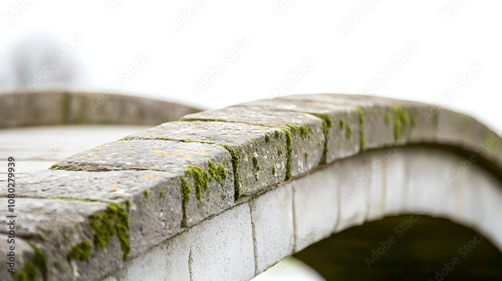 Fototapeta premium Elegant Arched Stone Bridge with Moss-Covered Textures - Rustic Beauty and Character in Detail Against a White Background