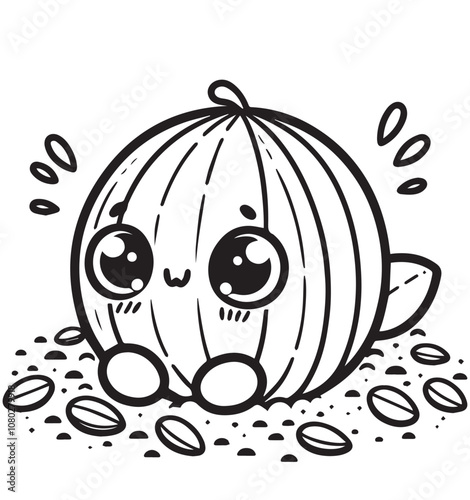Coloring page design melon with seeds on the ground