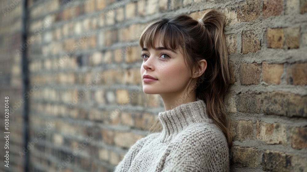 woman with a ponytail in a cozy sweater leaning against a brick wall, looking relaxed, natural outdoor light woman with a ponytail in a cozy sweater leaning against a brick wall, looking relaxed, natural outdoor light