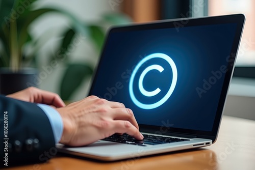 Professional Businessman Using Laptop with Copyright Symbol, Blue Glow, Office Setting, Ideal for Marketing and Branding Materials photo