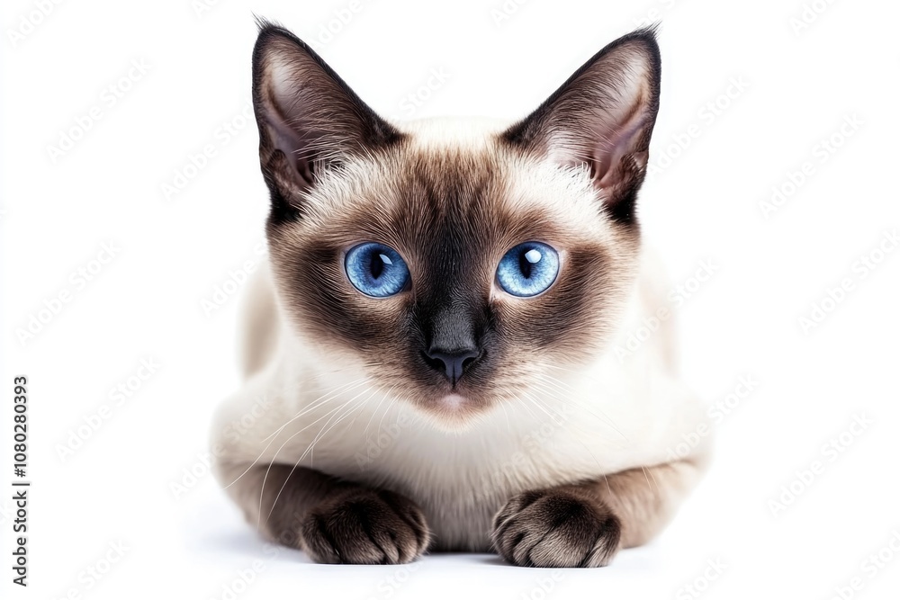 A close-up shot of a Siamese cat resting on its side, showcasing its striking blue eyes A close-up shot of a Siamese cat resting on its side, showcasing its striking blue eyes