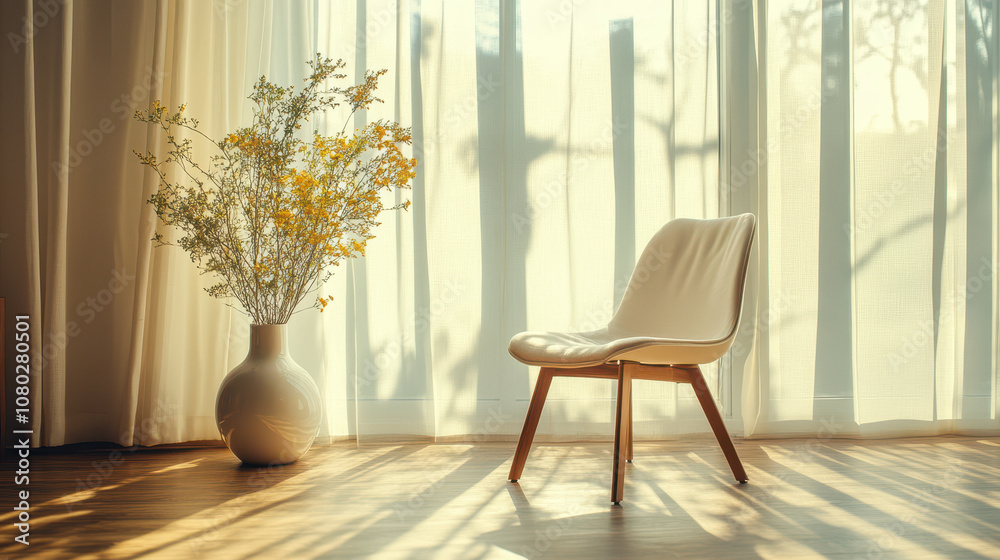 Minimalist Room with Wooden Chair and Decorative Vase Minimalist Room with Wooden Chair and Decorative Vase