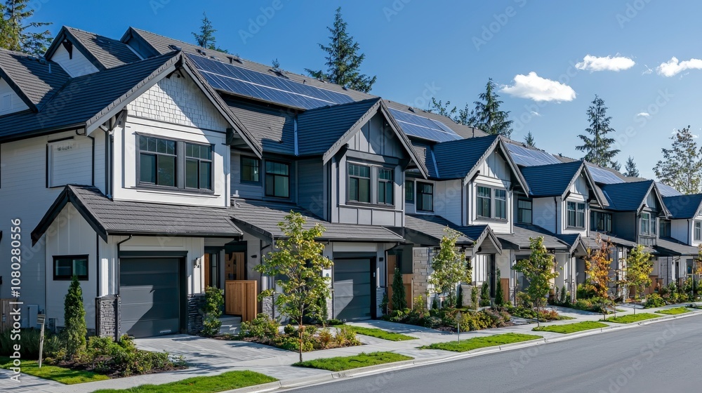 A charming street lined with contemporary homes, each equipped with eco-friendly solar panels, showcasing sustainable living and modern architectural design. A charming street lined with contemporary homes, each equipped with eco-friendly solar panels, showcasing sustainable living and modern architectural design.
