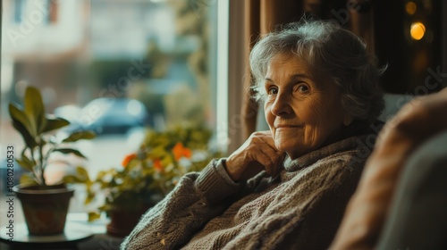 elderly woman sitting by a large window, holding her shoulder, warm natural lighting, home setting with plants and cozy decor on a blurred background
