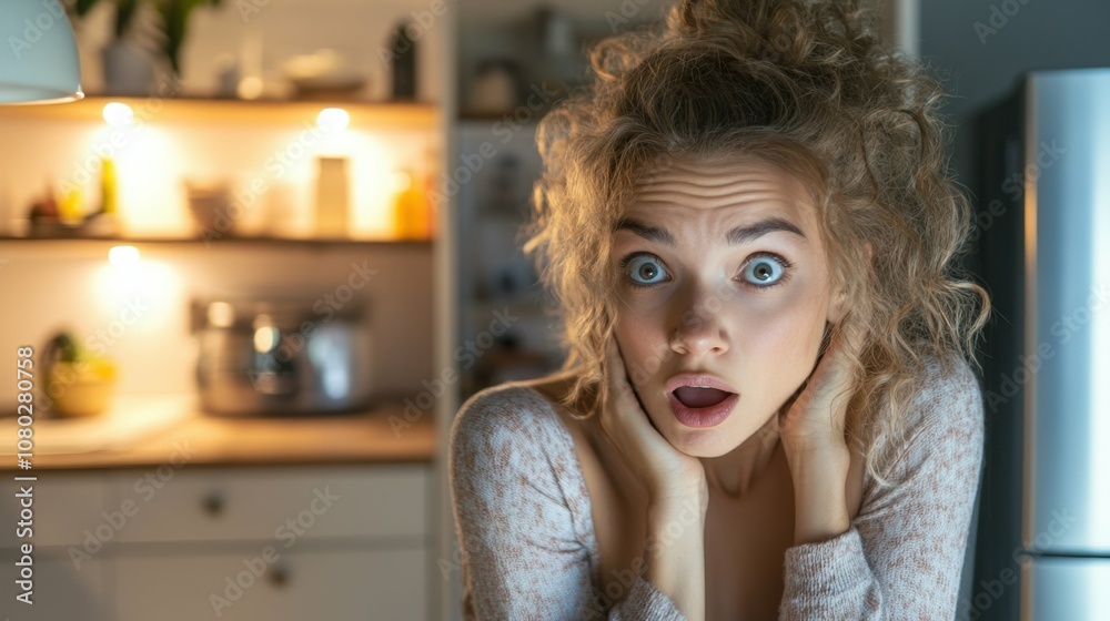 Woman in loungewear with a surprised expression, looking at an empty fridge shelf, with the cold light her features and blurred kitchen decor around Woman in loungewear with a surprised expression, looking at an empty fridge shelf, with the cold light her features and blurred kitchen decor around
