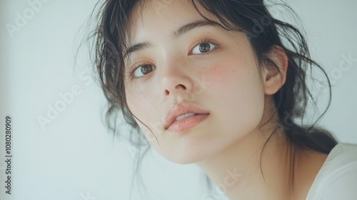 young woman with clear skin, focusing on her face in the mirror, relaxed expression, white background, simple lighting,