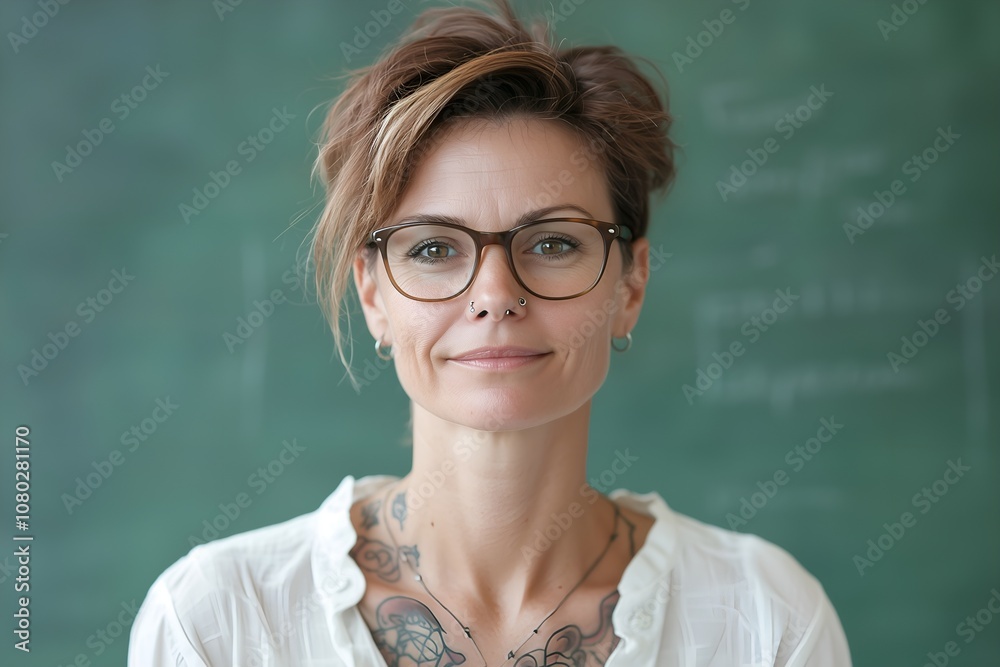 Close-up portrait photo of a young good looking female teacher with tattoos and glasses wearing a white blouse, standing in school. Short focus. Blurred green chalkboard in background. Close-up portrait photo of a young good looking female teacher with tattoos and glasses wearing a white blouse, standing in school. Short focus. Blurred green chalkboard in background.