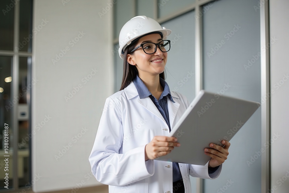Professional Engineer Woman Holding Tablet in Modern Office Setting, Ideal for Business and Technology Concepts Professional Engineer Woman Holding Tablet in Modern Office Setting, Ideal for Business and Technology Concepts